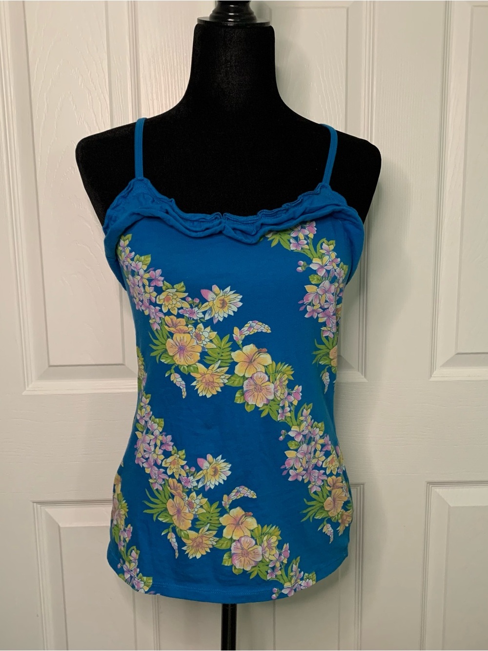 Blue Floral Spaghetti Strap Tank Top